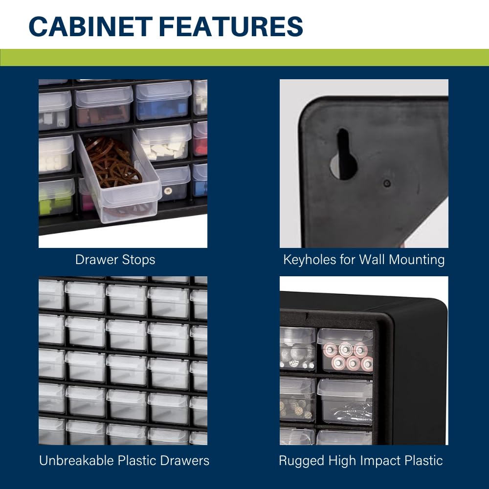 Akro-Mils 64-Drawer Plastic Drawer Storage Cabinet for Garage Organization, Bead Organizer, Building Bricks Storage, Teacher Toolbox, Makeup Organizer, 20-Inch W x 6-Inch D x 16-Inch H, 10164 Black