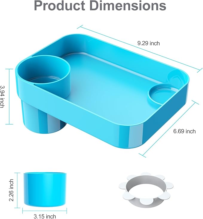 Car Seat Snack Tray for Toddlers - 3 Inch Cup Holder Fits Most Sippy Cups & Straw Bottles with Dip Well, Mess-Free Square Kids Travel Tray Road Trip Essentials, Sky Blue
