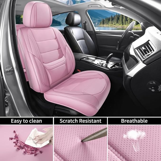 Car Seat Covers Full Set Custom Fit for Ford Taurus 1999-2018 - Premium Faux Leather with Lumbar Support, Breathable, Waterproof, Anti-Slip, Durable, Easy to Install (Pink, Full Set)