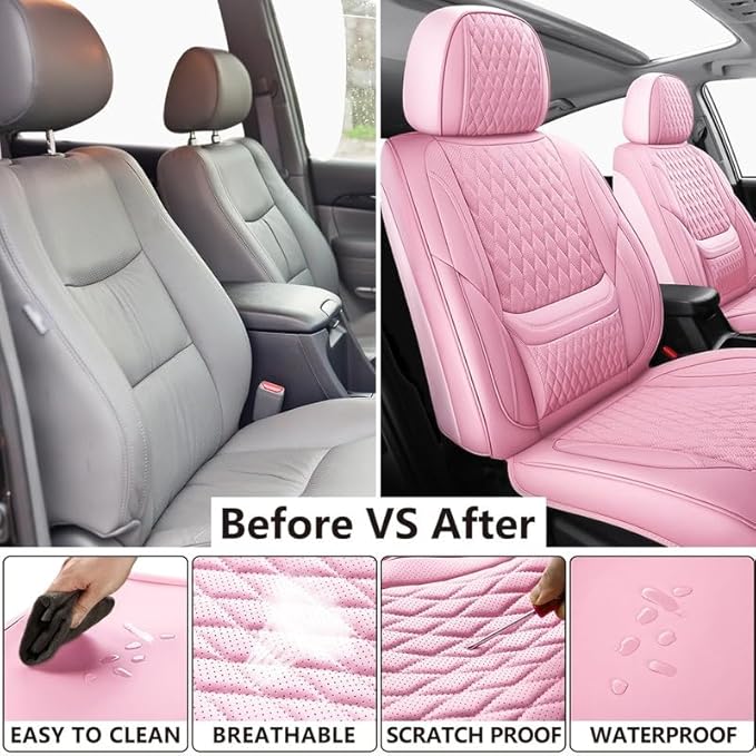 Car Seat Covers Full Set Custom Fit for Mercury Grand Marquis 1995-2011 - Premium Faux Leather with Lumbar Support | Breathable, Waterproof, Anti-Slip, Durable (Pink,Full Set)