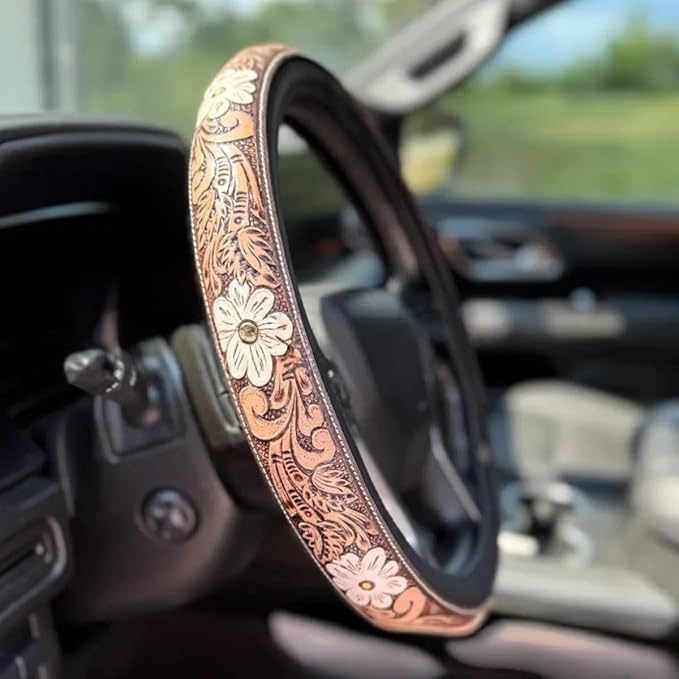 Western Steering Wheel Cover,Retro Western Cowboy Car Universal Steering Wheel Cover,Embossed Hand-Painted Leather Western Car Accessories, for Women Man, Anti-Slip Design Easy to Install (F)