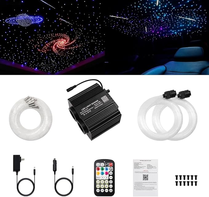 AMKI Dual Color 18W Twinkle&Meteor Starlight Headliner Kit 800pcs 0.03in 13.1ft+240pcs Pure White Shooting Star,Updated 2 in 1 Starlight Box RGBW Sound Activated Mode for Car Home Decor