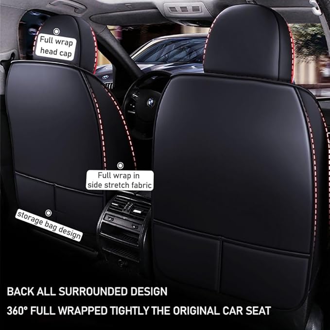 for Chevy Equinox Seat Covers 2005-2026, Full Coverage Customized Car Seat Covers, Premium Leather Waterproof Stain-Resistant Easy to Install (Standard 2 Seats, Black&Red)