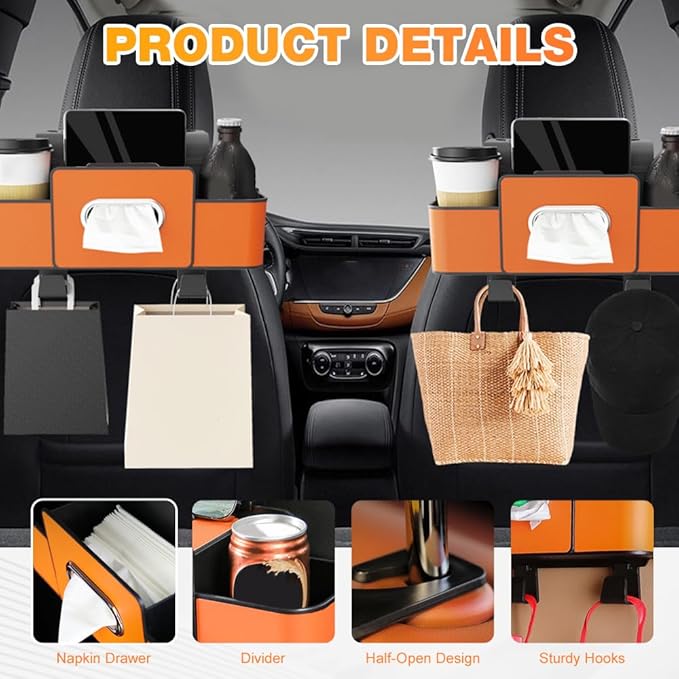 3-in-1 Car Backseat Organizer with Cup Holder, Tissue Box, Trash Bin & Hooks, 2026 Multifunctional Back Seat Car Organizer for Phones, Snacks, Drinks, and Handbags (Orange)