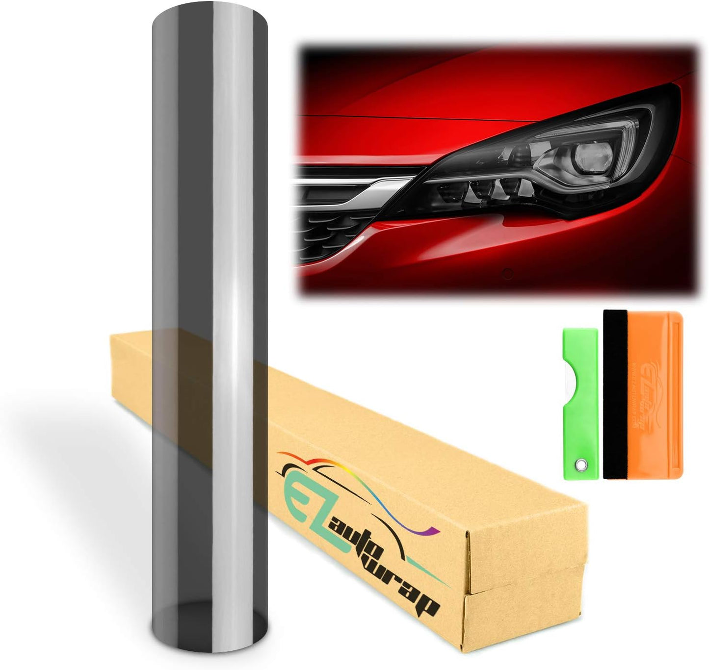 EZAUTO WRAP Free Tool Kit 12"x108" (1FT x 9FT) Glossy Medium Black Smoke Headlight Taillight Fog Light Side Marker Vinyl Tint Film Self Adhesive