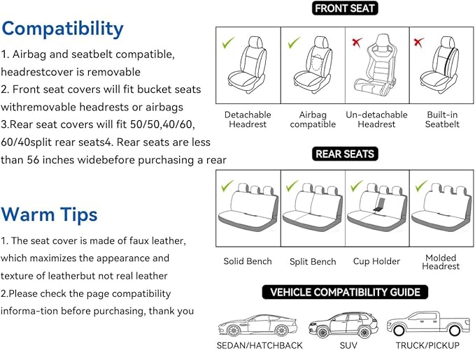 Car Seat Covers, Premium Leather Car Seat Covers, Waterproof and Breathable Seat Covers, Universal Car Seat Protector Fit for Cars, Trucks, SUVs, Pick-ups (Black & White, FullSet)
