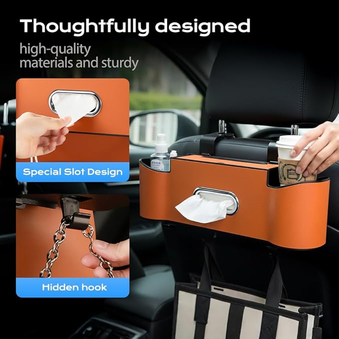 3-in-1 Car Backseat Organizer, 2026 New Multifunctional Back Seat Car Organizer with Cup Holder, Tissue Box, Trash Bin & Hooks for Hold Phones, Snacks, Drinks, Handbags (1, Black)