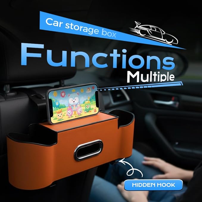 3-in-1 Car Backseat Organizer, 2026 New Multifunctional Back Seat Car Organizer with Cup Holder, Tissue Box, Trash Bin & Hooks for Hold Phones, Snacks, Drinks, Handbags (1, Brown)