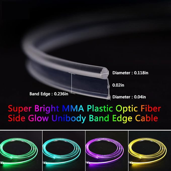 Super Bright MMA Plastic Optic Fiber Side Glow Unibody Band Edge Cable Car LED Illumination Optic Fiber Band Car Interior Atmosphere Lights (328ft)