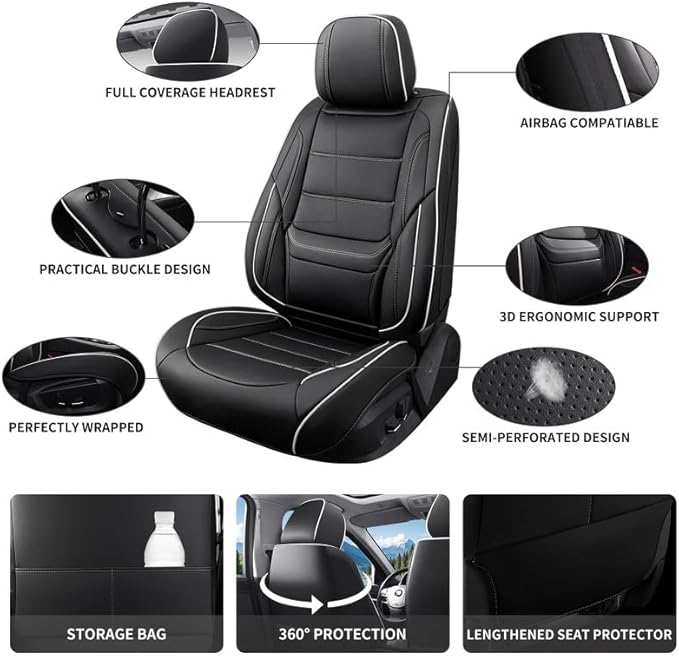 Car Seat Covers Full Set Custom Fit for Chevy Equinox 2005-2025 2026-Luxury Leather with Lumbar Support, Breathable, Waterproof, Anti-Slip, Durable, Easy to Install (Black&White,Full Set)