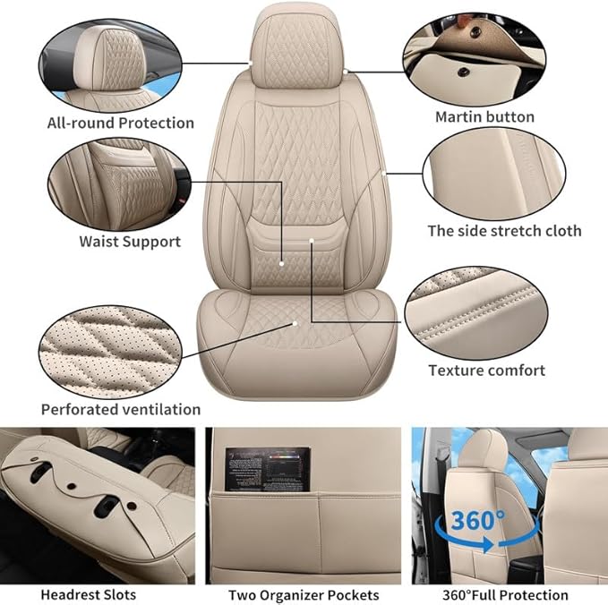 Front Seat Car Seat Covers Custom Fit for Chevrolet/Chevy HHR 2006-2011 - Premium Faux Leather with Lumbar Support | Breathable, Waterproof, Anti-Slip, Durable (Beige,Front Seat)