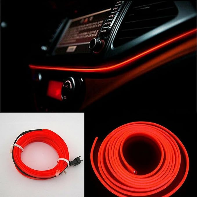 Riloer El Wire Lights for Car, Interior Neon Lights Strip Car LED Strip Light Interior for Car Garden Party Decoration, Car Ambient Lighting Kits, 5m/16.4ft Red LED