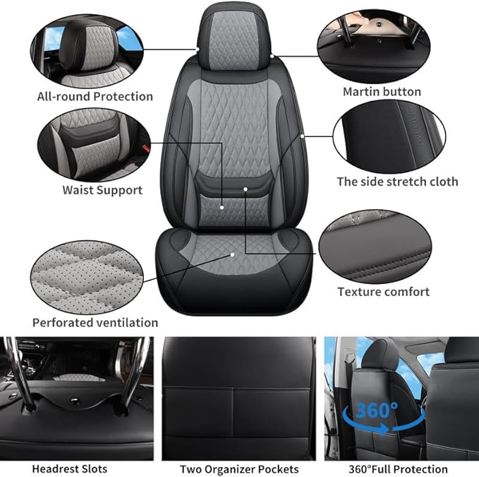 Car Seat Covers Full Set Custom Fit for Mercury Grand Marquis 1995-2011 - Premium Faux Leather with Lumbar Support | Breathable, Waterproof, Anti-Slip, Durable (Black&Gray,Full Set)