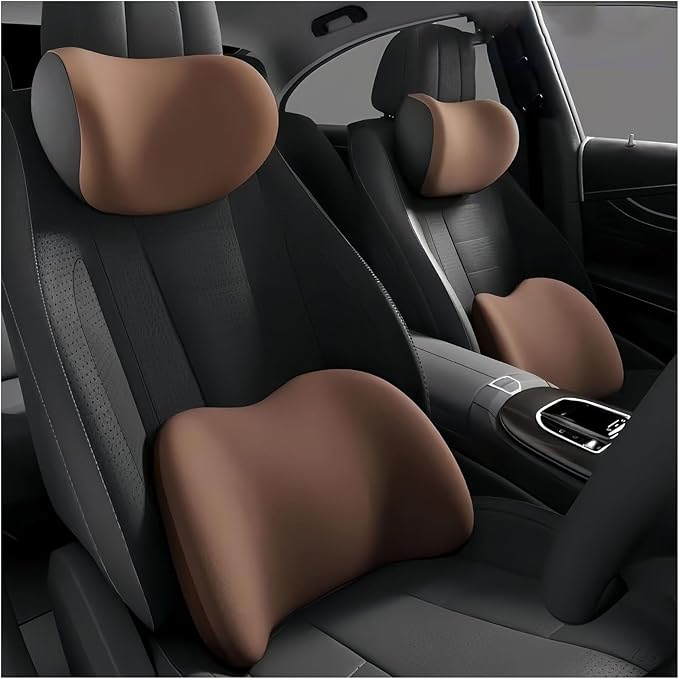 Car Lumbar Support Pillow and Car Neck Pillow Kit for Mini John Cooper Works Electric 2025 2026, Car Seat Neck Back Rest Pillows, Ergonomic Car Seat Headrest & Lumbar Cushion,C Coffee