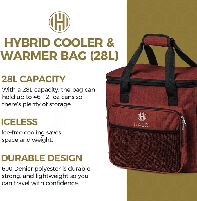 Halo 28L Hybrid Cooler & Warmer Bag | Electric Travel Cooler, Collapsible for Easy Storage, Keep Drinks Cold & Food Warm, Ice Free Cooling, Includes Shoulder Strap, DC Power Cord & AC Adapter