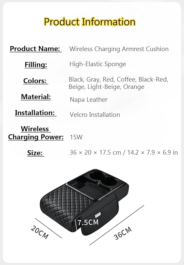 Car Armrest Pad with Built-in Induction Charging, Leather Center Console Cushion with 15W Power Pad, Dual Cup Holders, Storage Pockets - Coffee