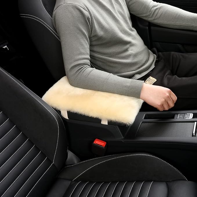 Sheepskin Armrest Cover Auto Center Armrest Cover Car Soft Console Pad, Fluffy Wool Auto Center Console Cover for Most Car Arm Rest Decoration Protector 7 x 13 Inch (Shearling, Pearl)