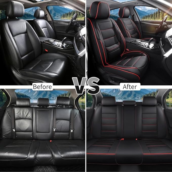 Car Seat Covers Custom Fit for Chevrolet/Chevy Spark 2012-2022 , Premium Faux Leather Waterproof Car Seat Protectors with Lumbar Support, Breathable Anti-Slip Easy to install(Black&Red,Full set)