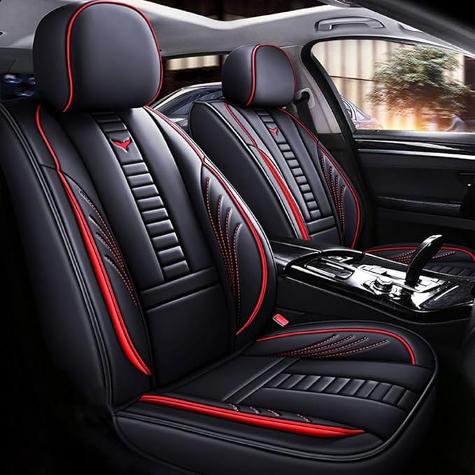 for Chevy Equinox Seat Covers 2005-2026, Full Coverage Customized Car Seat Covers, Premium Leather Waterproof Stain-Resistant Easy to Install (Standard 2 Seats, Black&Red)
