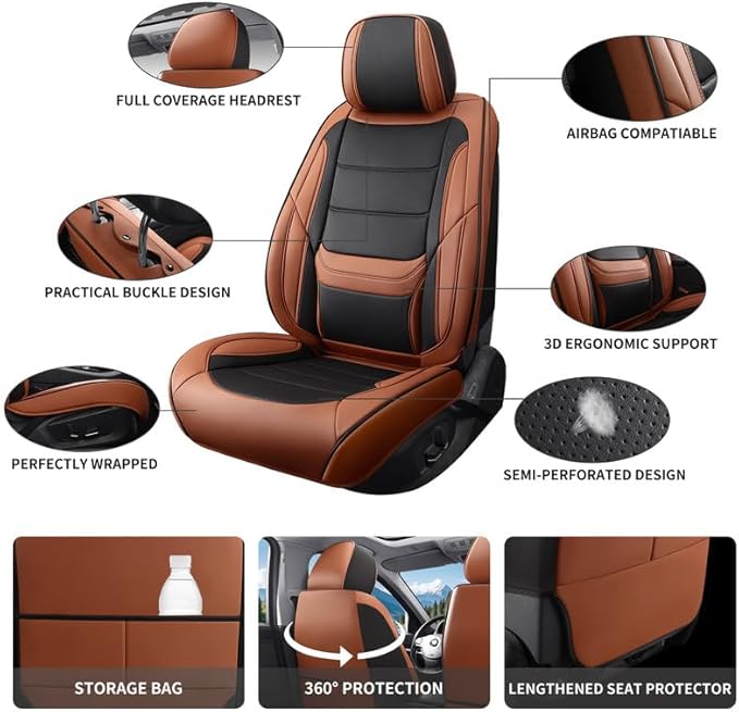 Car Seat Covers Full Set Custom Fit for Chevrolet/Chevy Blazer 2019-2026 - Premium Faux Leather with Lumbar Support, Breathable, Waterproof, Anti-Slip, Durable, Easy to Install (Black&Brown,Full Set)