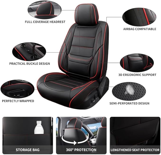 Car Seat Covers Custom Fit for Chevrolet/Chevy Spark 2012-2022 , Premium Faux Leather Waterproof Car Seat Protectors with Lumbar Support, Breathable Anti-Slip Easy to install(Black&Red,Full set)