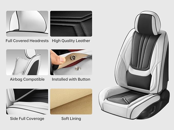 Car Seat Covers, Premium Leather Car Seat Covers, Waterproof and Breathable Seat Covers, Universal Car Seat Protector Fit for Cars, Trucks, SUVs, Pick-ups (Black & White, FullSet)