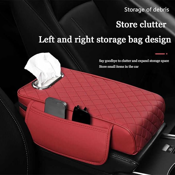 Car Center Console Cover for Infiniti FX SUV FX35 / FX37 / FX40 / FX45 /FX50, Leather Car Arm Rest Cover, Car Armrest Cushion with 2 Storage Bags Car Center Console Armrest Pad, F Red