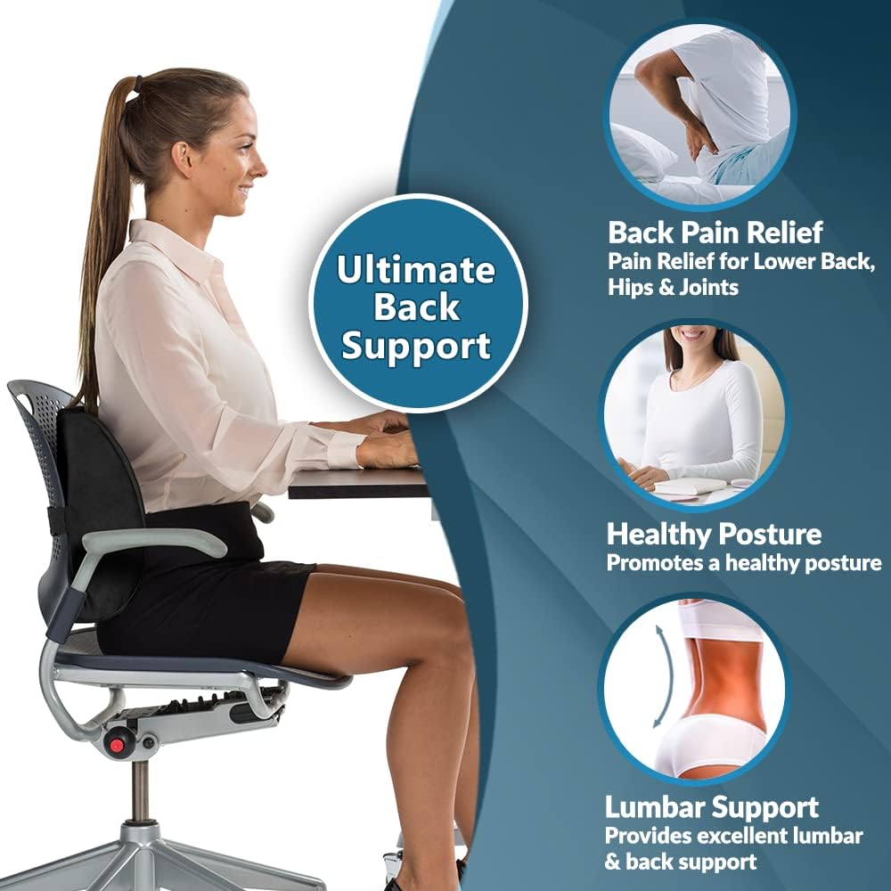 ComfiLife Lumbar Support Back Pillow Office Chair and Car Seat Cushion - Memory Foam with Adjustable Strap and Breathable 3D Mesh (Navy)