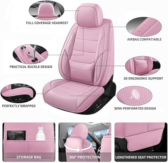 Car Seat Covers Custom Fit for Chevrolet/Chevy Spark 2012-2022, Premium Faux Leather Waterproof Car Seat Protectors with Lumbar Support, Breathable Anti-Slip Easy to Install(Pink,Full Set)