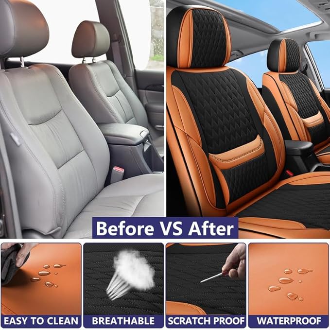 Front Seat Car Seat Covers Custom Fit for Ford Explorer 2001-2026 - Premium Faux Leather with Lumbar Support | Breathable, Waterproof, Anti-Slip, Durable (Black&Brown,Front Seat)