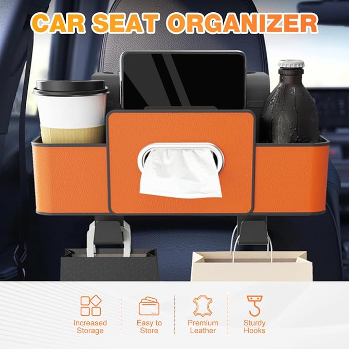 3-in-1 Car Backseat Organizer with Cup Holder, Tissue Box, Trash Bin & Hooks, 2026 Multifunctional Back Seat Car Organizer for Phones, Snacks, Drinks, and Handbags (brown)
