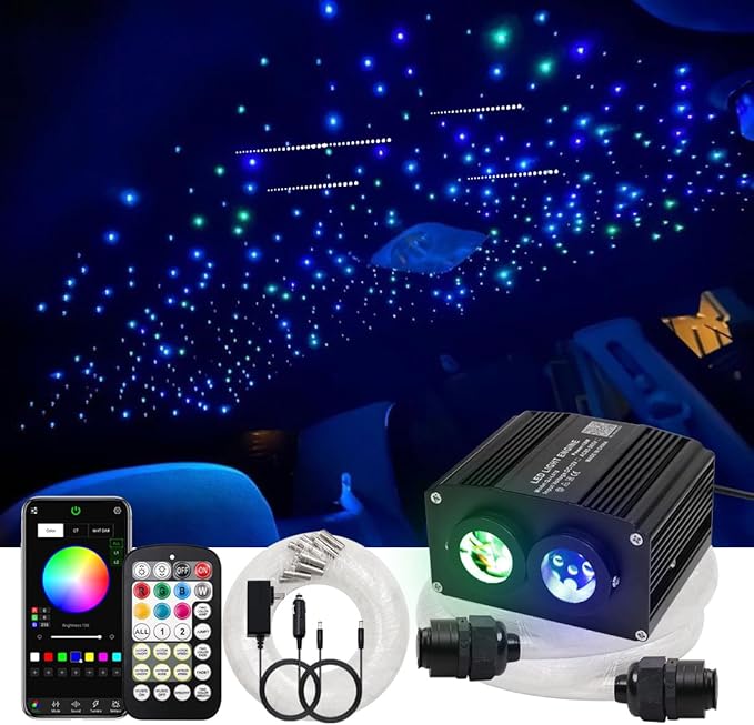 AZIMOM Dual Color 800pcs 0.03in 13.1ft Twinkle Fiber Optic Starlight Headliner+ Pure White Meteor 240pcs Shooting Star, Sound Mode APP& Remote Control 2 in 1Starlight Meteor Kits for Car Home Ceiling