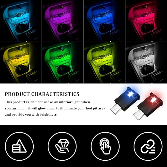 USB Type C LED Ambient Light, 8 Colors RGB Dynamic Atmosphere Lamp Car Interior Decor USB Night Light, Automotive Replacement Lighting Products for Car Home Office Decoration (1PCS)