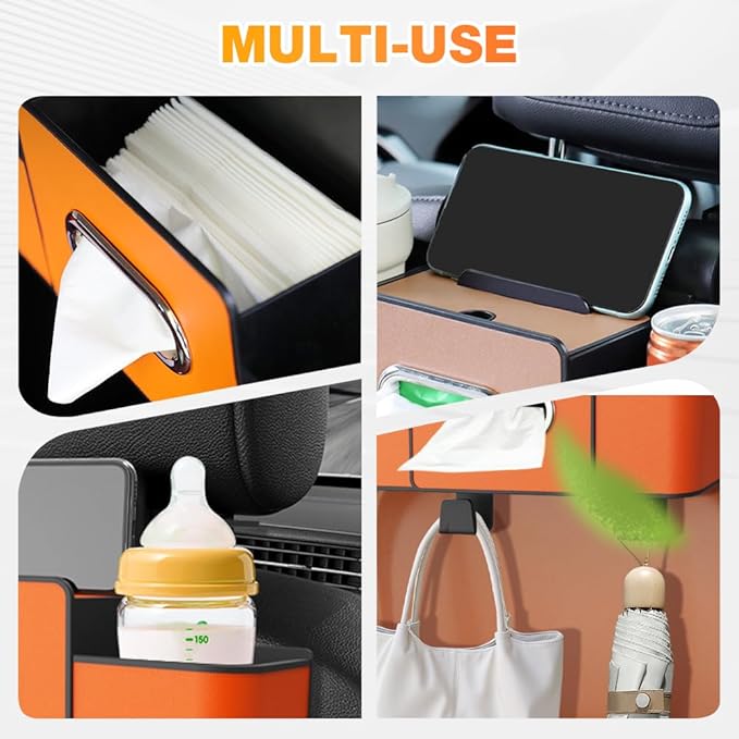 3-in-1 Car Backseat Organizer with Cup Holder, Tissue Box, Trash Bin & Hooks, 2026 Multifunctional Back Seat Car Organizer for Phones, Snacks, Drinks, and Handbags (brown)