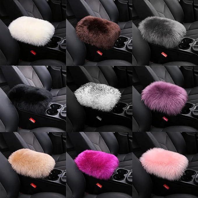 LLB Auto Center Console Cover Pad Universal Fit for SUV/Truck/Car, Genuine Sheepskin Wool Fur Car Armrest Seat Box Cover, Furry Fluffy Auto Armrest Cover Protector (Pink)