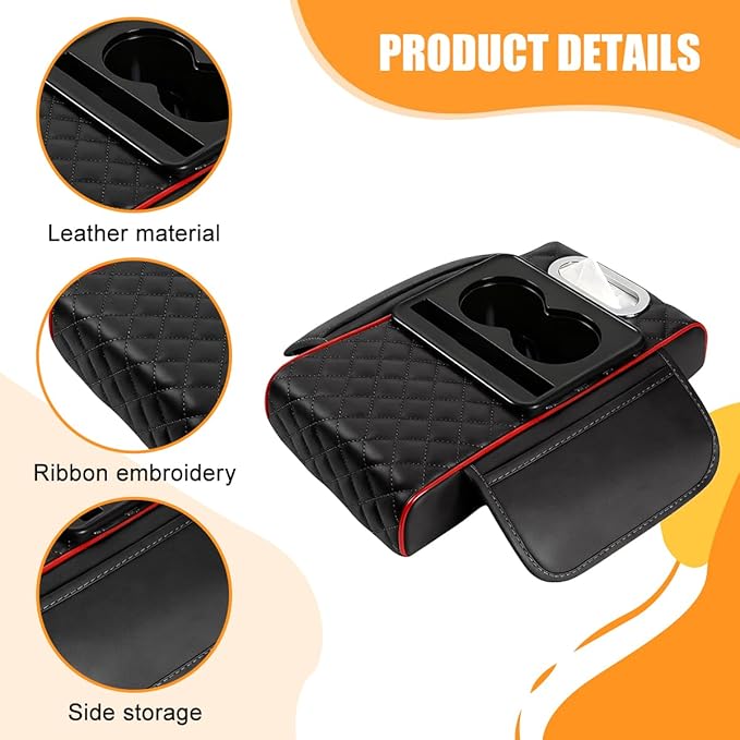 Car Armrest Cushion, 5-in-1 Nappa Leather Vehicle Centre Console Cover with 2 Storage Pockets, Cup Phone & Phone Holder, Multifunctional Auto Organiser Accessories, Universal Fit (Black/Red)