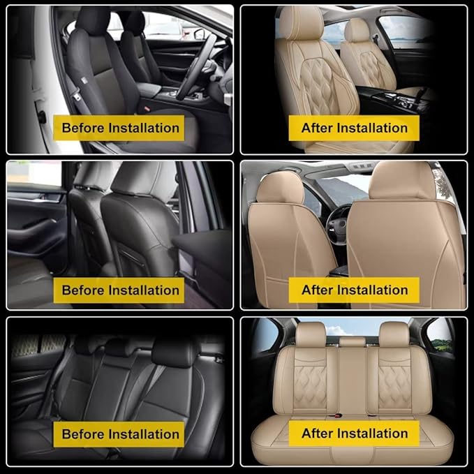 AOMSAZTO Car Seat Covers,Full Set 5 Seats Custom Fit for Ford Flex 2011-2019,Leather Car Seat Cover Seat Cushion Protector,Airbag Compatible Waterproof Beige