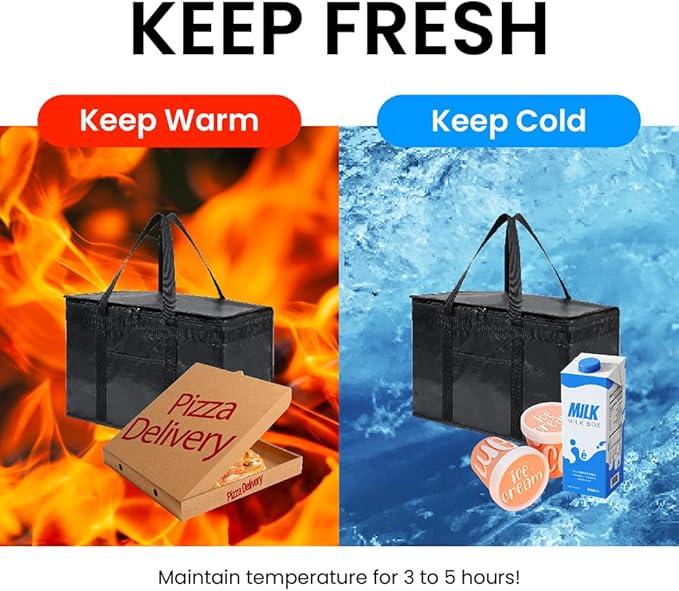 NZ home Insulated Bags for Food Delivery (2XL PRO) Grocery Shopping Cooler Bag, Pizza Delivery, Hot & Cold Catering Tote, Reusable, Foldable & Heavy Duty (Black)