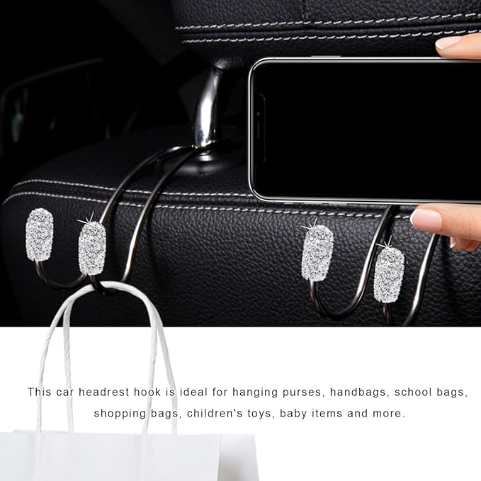 2PCS Car Headrest Hook, Bling Diamond Auto Hooks Stainless Steel Backseat Hangers, Universal Rhinestone Cute Seat Back Organizer Hanger for Purse Bag Clothes, Car Accessories (White)
