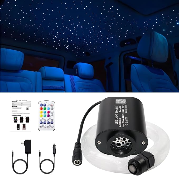 AMKI Mini 6W Starlight Headliner Kit 600pcs 0.03in 9.8ft,Twinkle+Sound Activated Fiber Optic Light 4Lamp Beam Starlight Box APP/Remote Control for Car Home Star Ceiling Decoration