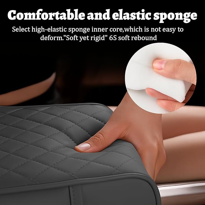 Car Center Console Cover, Memory Foam Nappa Leather Vehicle Armrest Cushion with Tissue Box, 2 Storage Bag & Holder, Automotive Arm Rest Protector Accessories, Universal Fit (Beige)