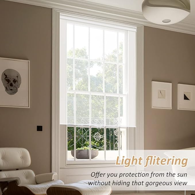 LUCKUP Light Filtering Roller Shades for Windows, Cordless Semi Sheer Solar Blinds with 5% Openness Free-Stop Window Shades for Home & Office, White 27" W x 72" L