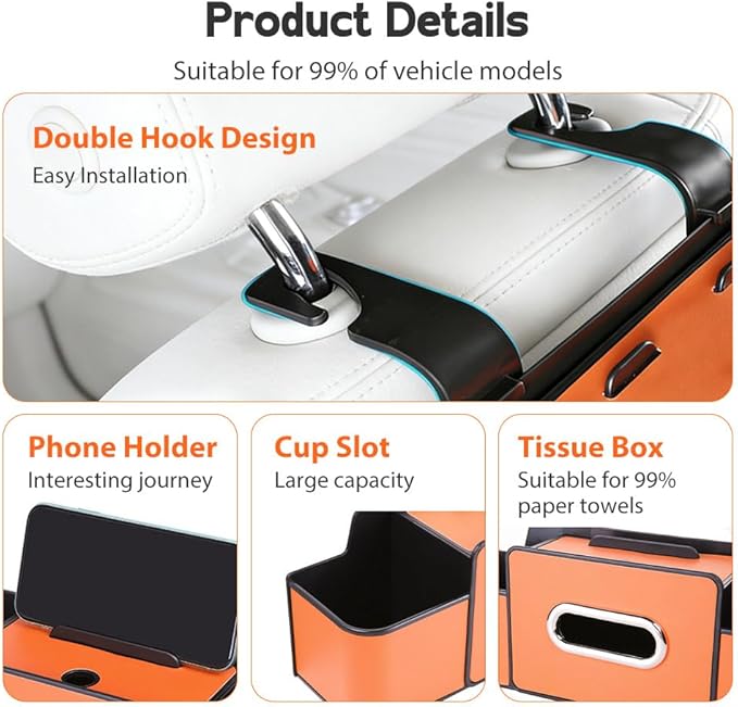 Multifunctional Car Seat Back Storage Box, 3-in-1 Backseat Car Organizer with Dual Cup Holders, Hold Phones, Snacks, Drinks, and Handbags (Black)