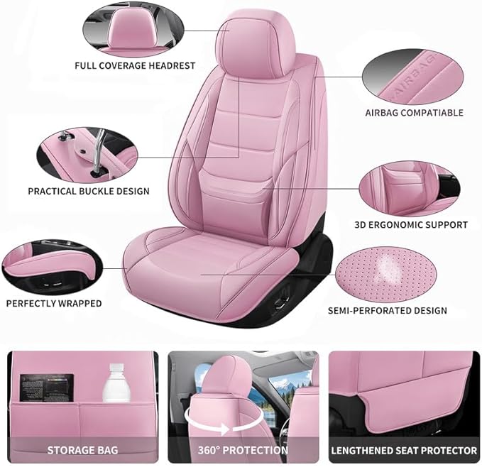 Car Seat Covers Full Set Custom Fit for Ford Bronco 4-Door/Bronco Sport 2021-2025 - Premium Leather with Lumbar Support, Breathable, Anti-Slip & Excellent Seating Experience (Pink, Full Set)