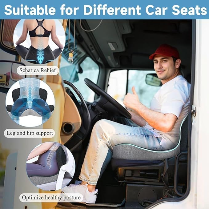 Memory Foam Contoured Seat Cushion with L-Shaped Ergonomic Design for Office Chair Car Seats  Seat Cushion for Truck Driver, Truck Car Seat Cushions for Driving Lumbar Support (Grey)