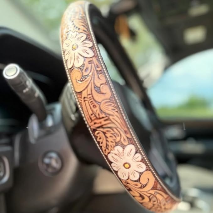 Western Steering Wheel Cover,Retro Western Cowboy Car Universal Steering Wheel Cover,Embossed Hand-Painted Leather Western Car Accessories, for Women Man, Anti-Slip Design Easy to Install (F)