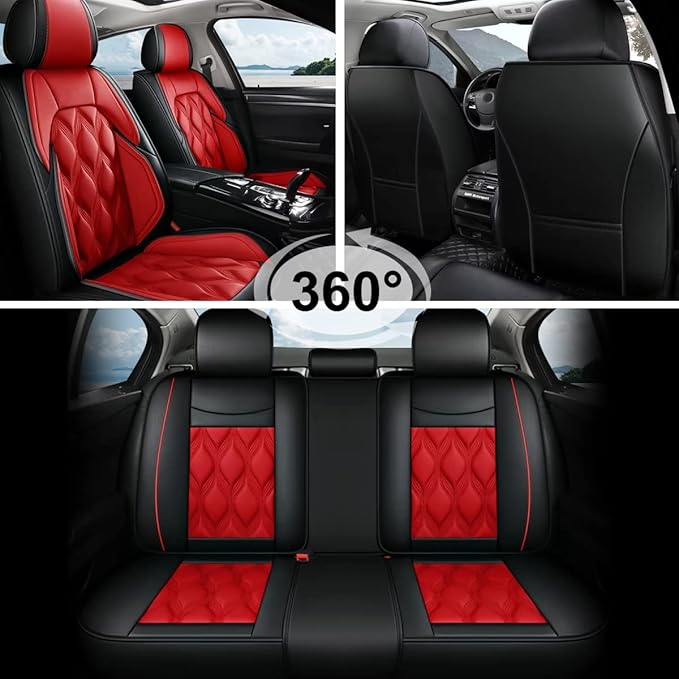 AOMSAZTO Car Seat Covers,Full Set 5 Seats Custom Fit for Ford Taurus 2002-2019,Leather Carseat Automotive Cushion Covers Seat Protector,Airbag Compatible Waterproof Black&Red