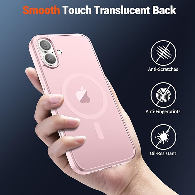 SUPFINE Magnetic for iPhone 16 Case with Screen Protector (Compatible with MagSafe) (Military Grade Drop Protection) Translucent Matte Shockproof Phone Cover,Light Pink