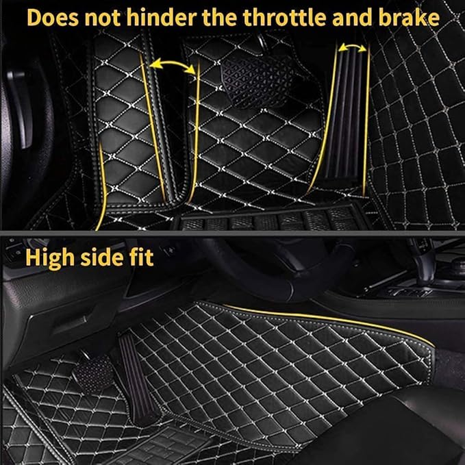Custom Making Car Floor Mats Compatible for 2000-2025 All Mode Sedan SUV Sports Car Full Coverage Cute Pads Protection Non-Slip Leather Floor Liners (Black Beige Line)