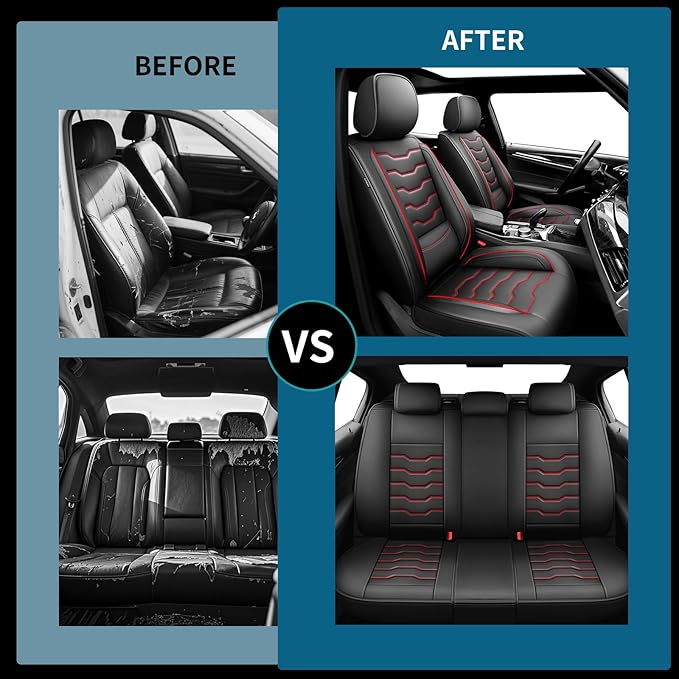 Fit Leaf Car Seat Covers Compatible with Nissan Leaf 2012-2025 2026 - Premium Leather，Waterproof Breathable，All-Weather Seat Cushion Protecto&Airbag Compatible (2 Front Seat Red Line Black)